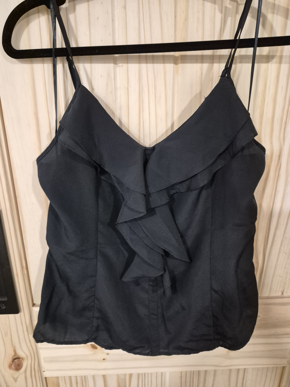 Miley Cyrus Black Ruffle V-Neck Camisole with Spaghetti Straps